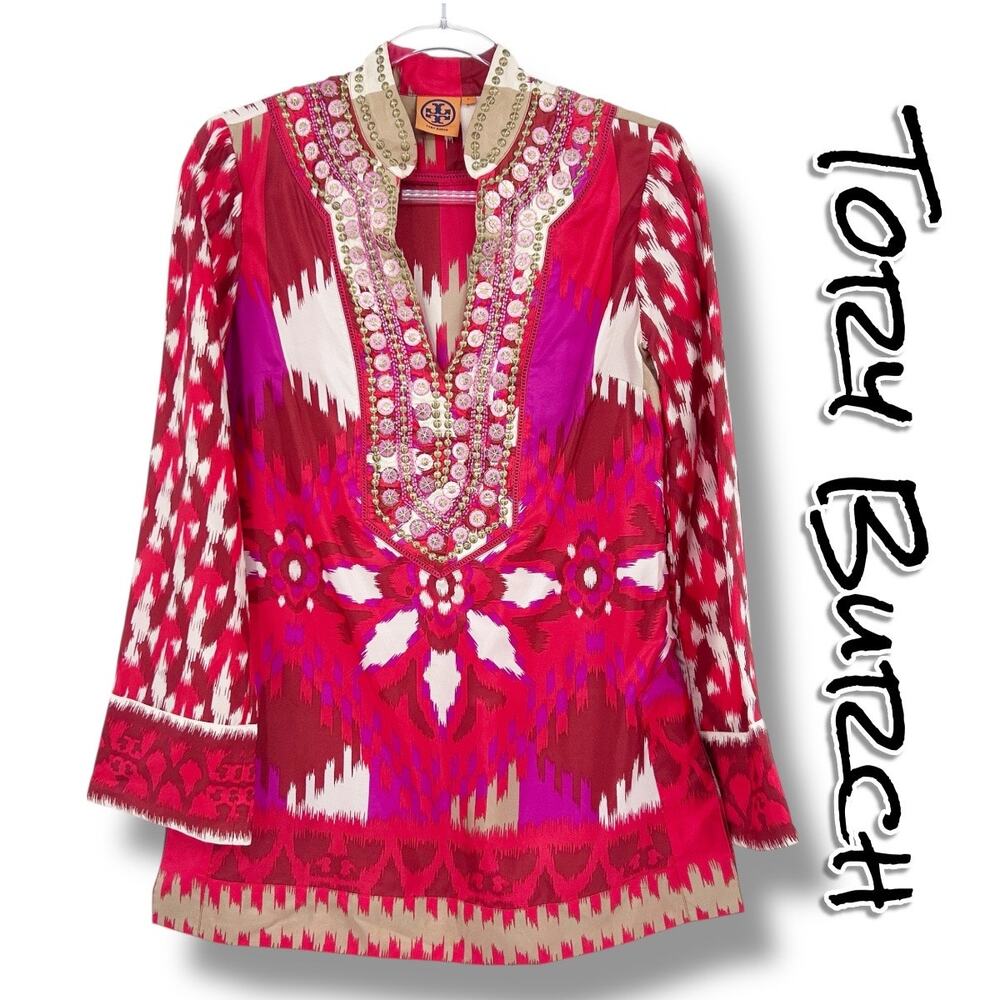 Tory Burch Iveta Embellished Ikat Silk Tunic Top Pink Red Resort Womens Size 2 - Picture 1 of 12